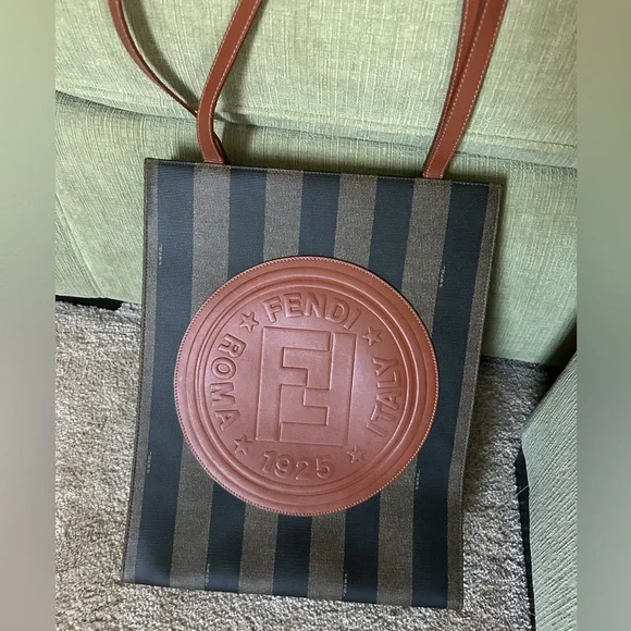 RARE! FENDI LEATHER KHAKI PECAN LOGO PCV TOTE BAG - Picture 10 of 12